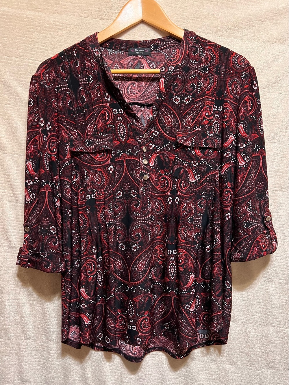 Cocomo Petite Red Black Paisley Roll Tab Blouse Boho Career Top